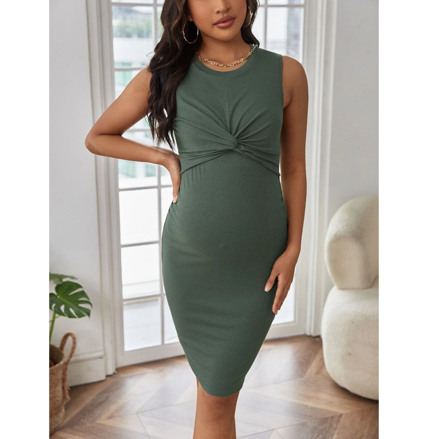 Fashion Casual Rib Knit Sleeveless Maternity Dress