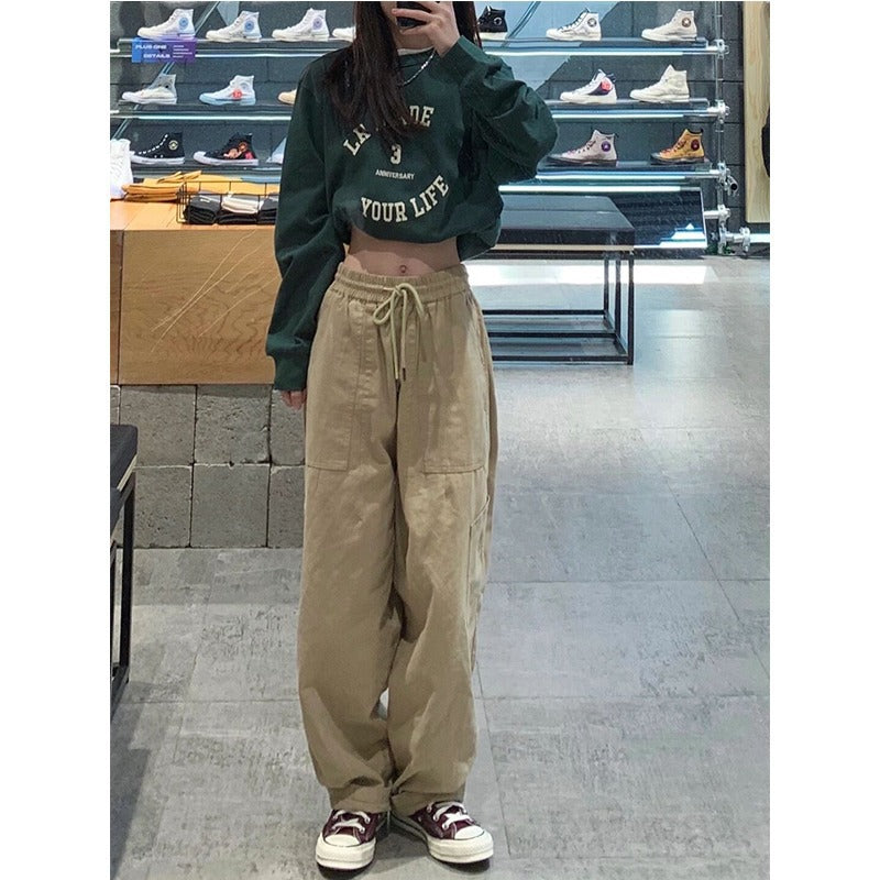 Women Casual Solid Color Loose Elastic High Waist Straight Leg Cargo Pants