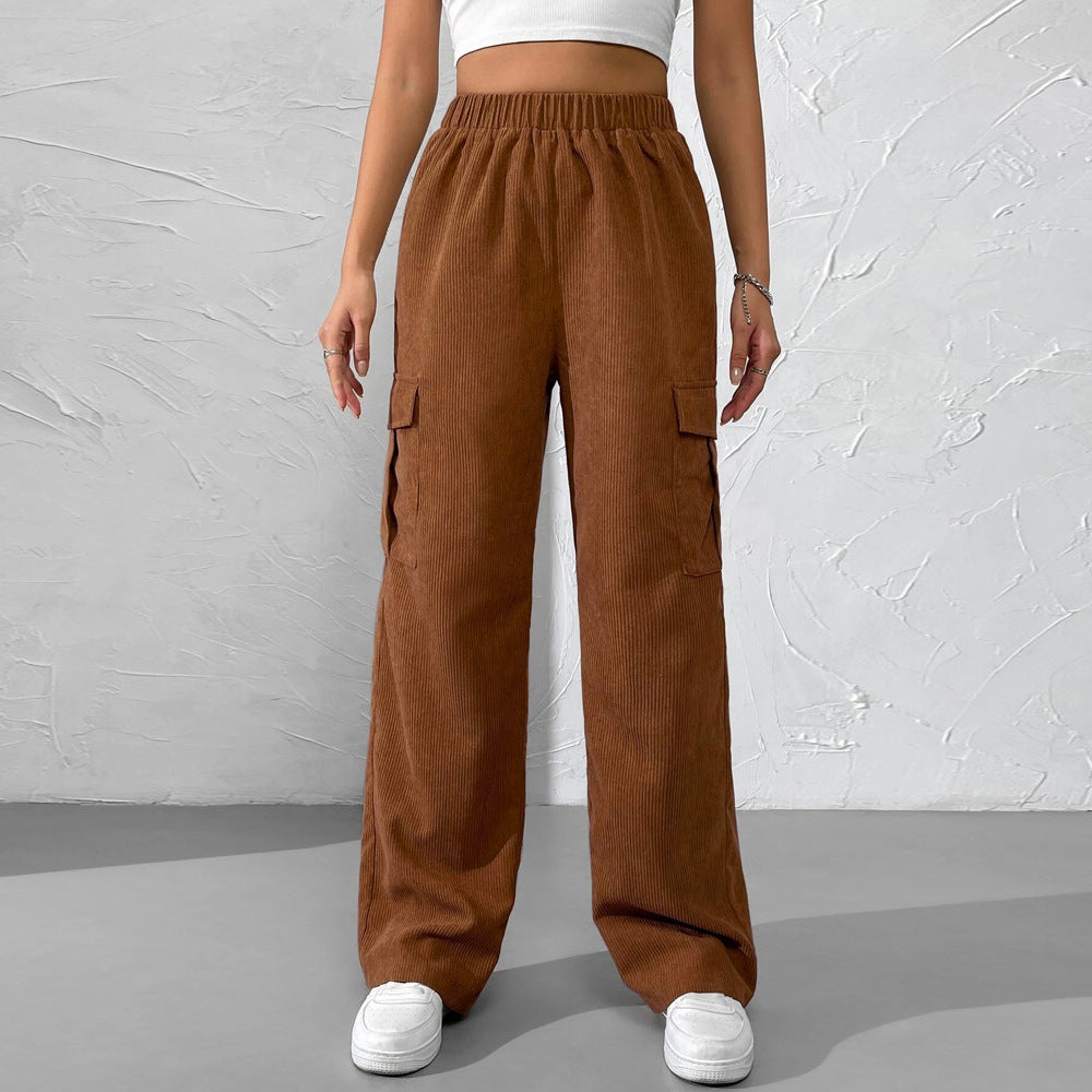 Women Solid Color High Waist Pocket Casual Loose Elastic Pants