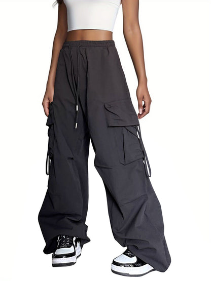 Women Fashion Casual Solid Color Multi-Pocket Drawstring Wide-Leg Pants
