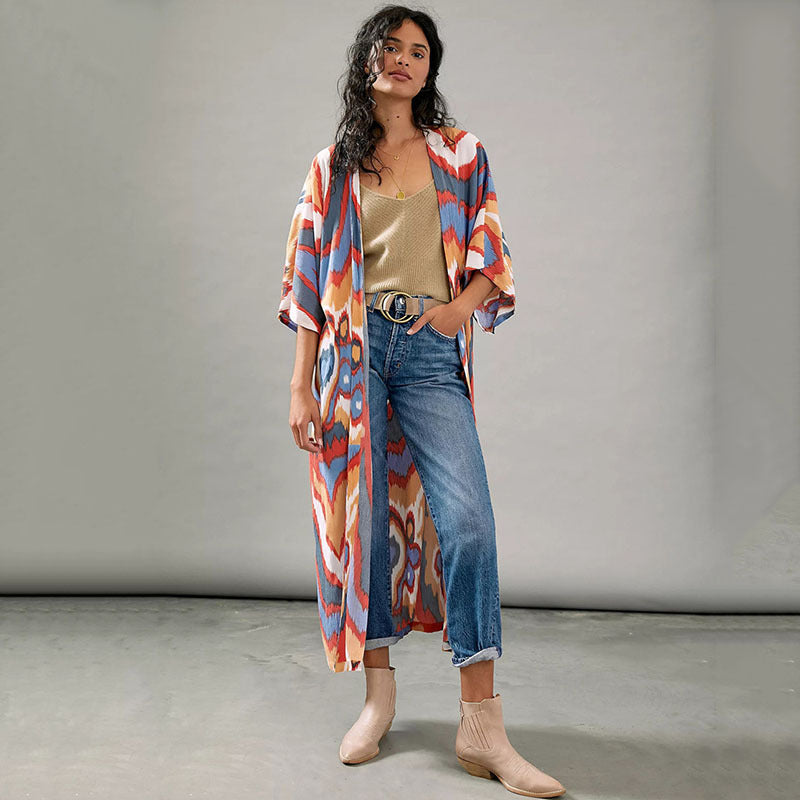 Chaqueta tipo cárdigan larga con estampado gráfico informal a la moda para mujer