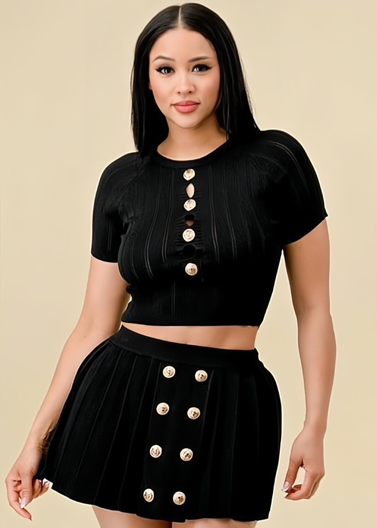 Conjunto de dos piezas de punto de manga corta con botones huecos, informal y sexy para mujer