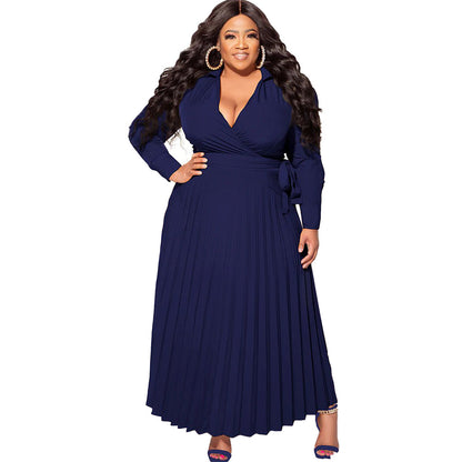 Women Fashion Casual Solid Color Plus Size V-Neck Lace-Up Long Sleeve Pleated Dress