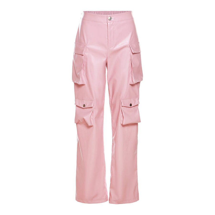 Women Fashion Casual High Waist Straight Leg Leather Cargo Pants