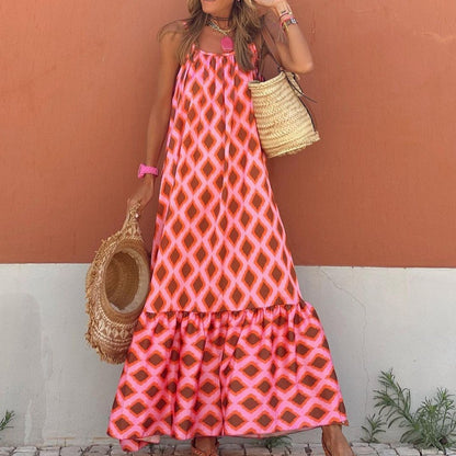 Women Fashion Casual Boho Backless Diamond Print Maxi Dress