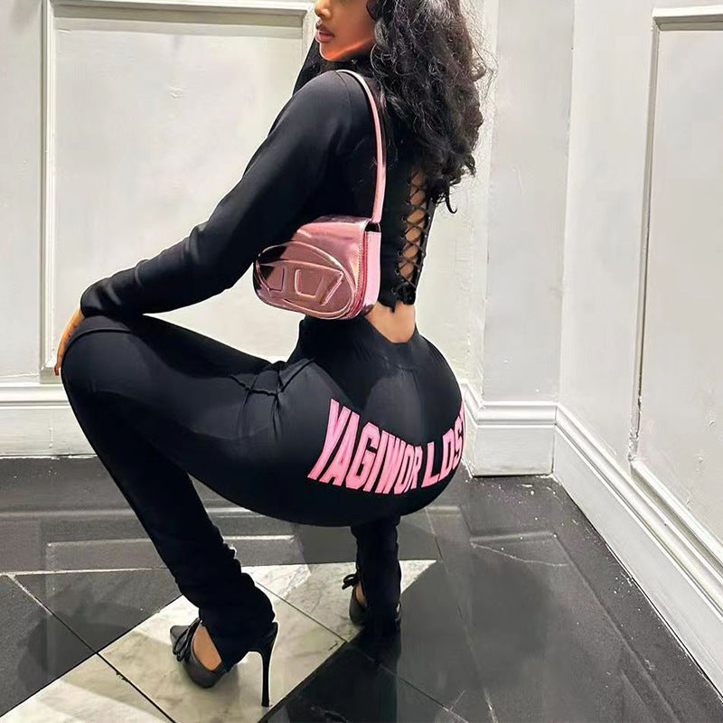 Conjunto de dos piezas de chaqueta y pantalones ajustados de punto con cremallera y manga larga para mujer