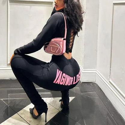 Conjunto de dos piezas de chaqueta y pantalones ajustados de punto con cremallera y manga larga para mujer