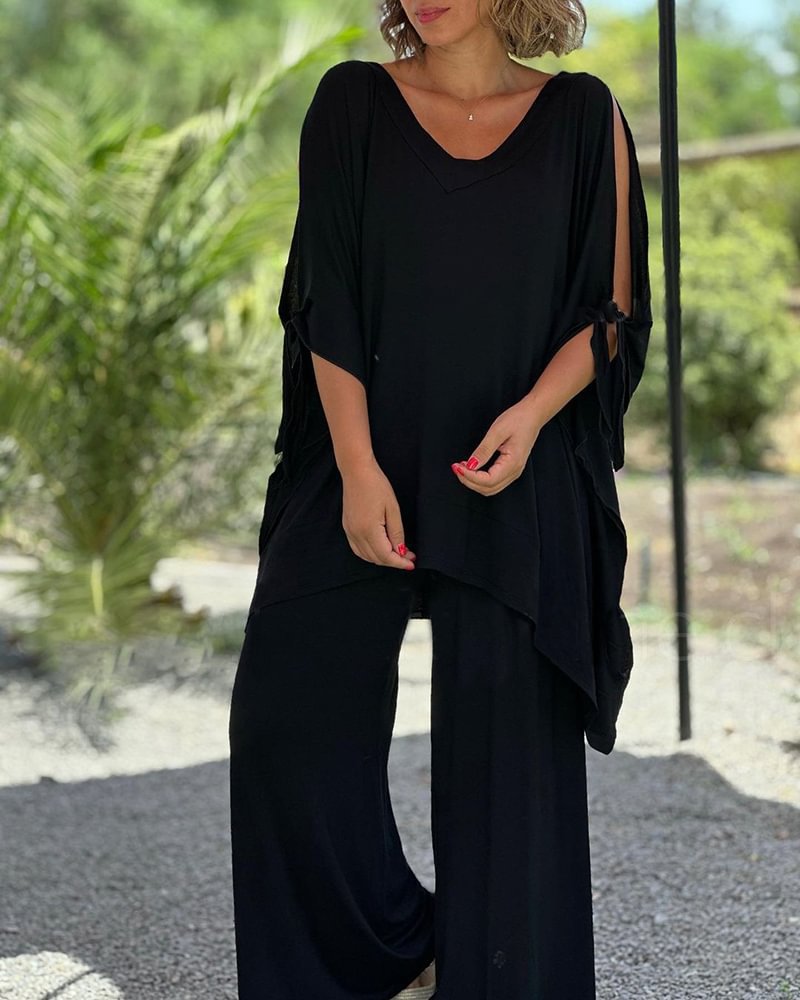 Conjunto de dos piezas para mujer, holgado, informal, con escote en V, pantalones de pierna ancha y talla grande