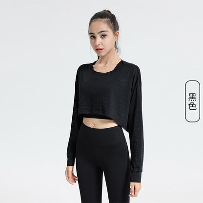 Top deportivo corto informal, holgado, transpirable, de color sólido y manga larga para mujer