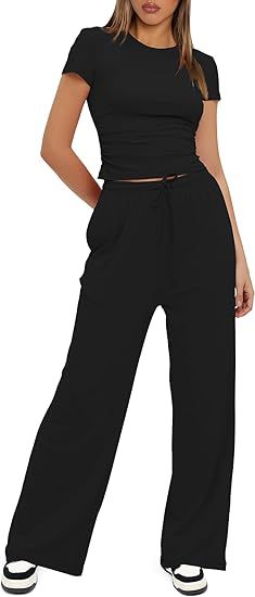Conjunto de dos piezas de top y pantalón de manga corta de color liso informal para mujer