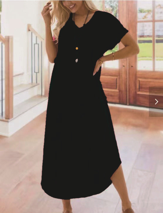 Women Casual Solid Color Short Sleeve V Neck Loose Maxi Dress