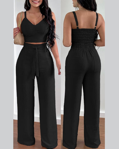 Conjunto de dos piezas para mujer, con top corto, pantalones holgados con cordones y estampado floral informal