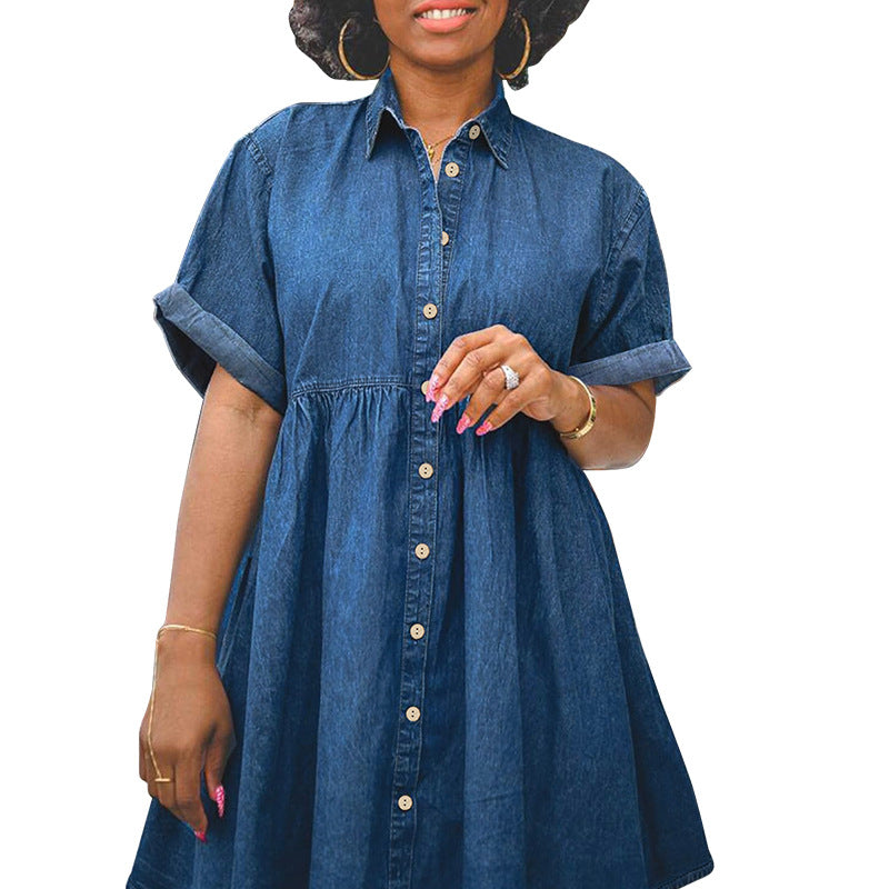 Women Fashion Casual Plus Size Lapel Short Sleeve Single Breasted Tutu Denim Dress