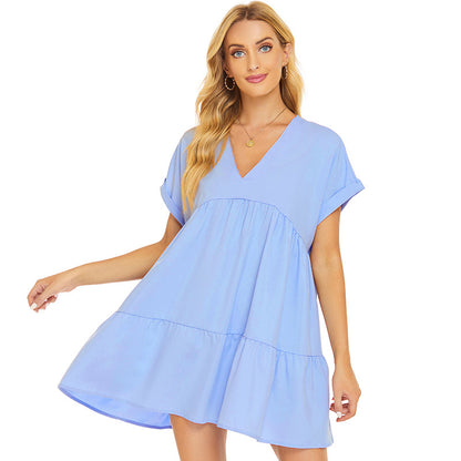 Women Fashion Casual Solid Color V-Neck Short-Sleeve Pleated Dress