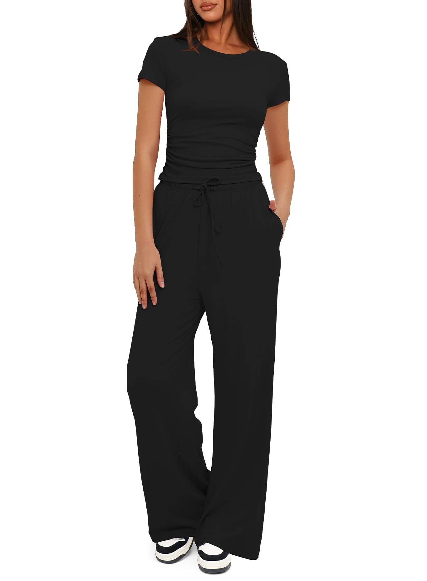 Conjunto deportivo informal de color liso para mujer, con top de manga corta y cintura alta y pantalones anchos