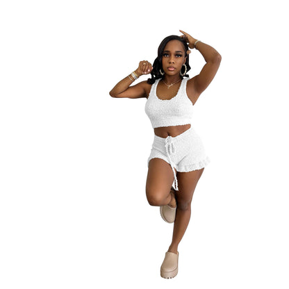 Fashion Women Casual Solid Color Plush Tank Top And Ruffled Shorts Set