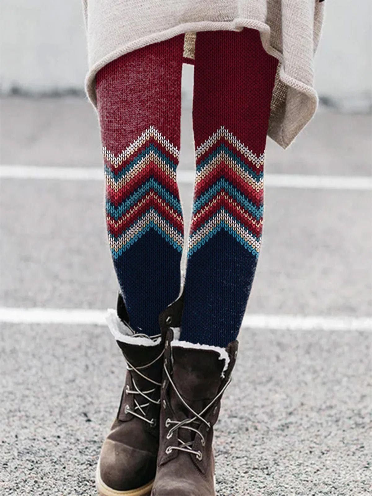Women Printed Knit Slim High Waist Casual Leggings Pants