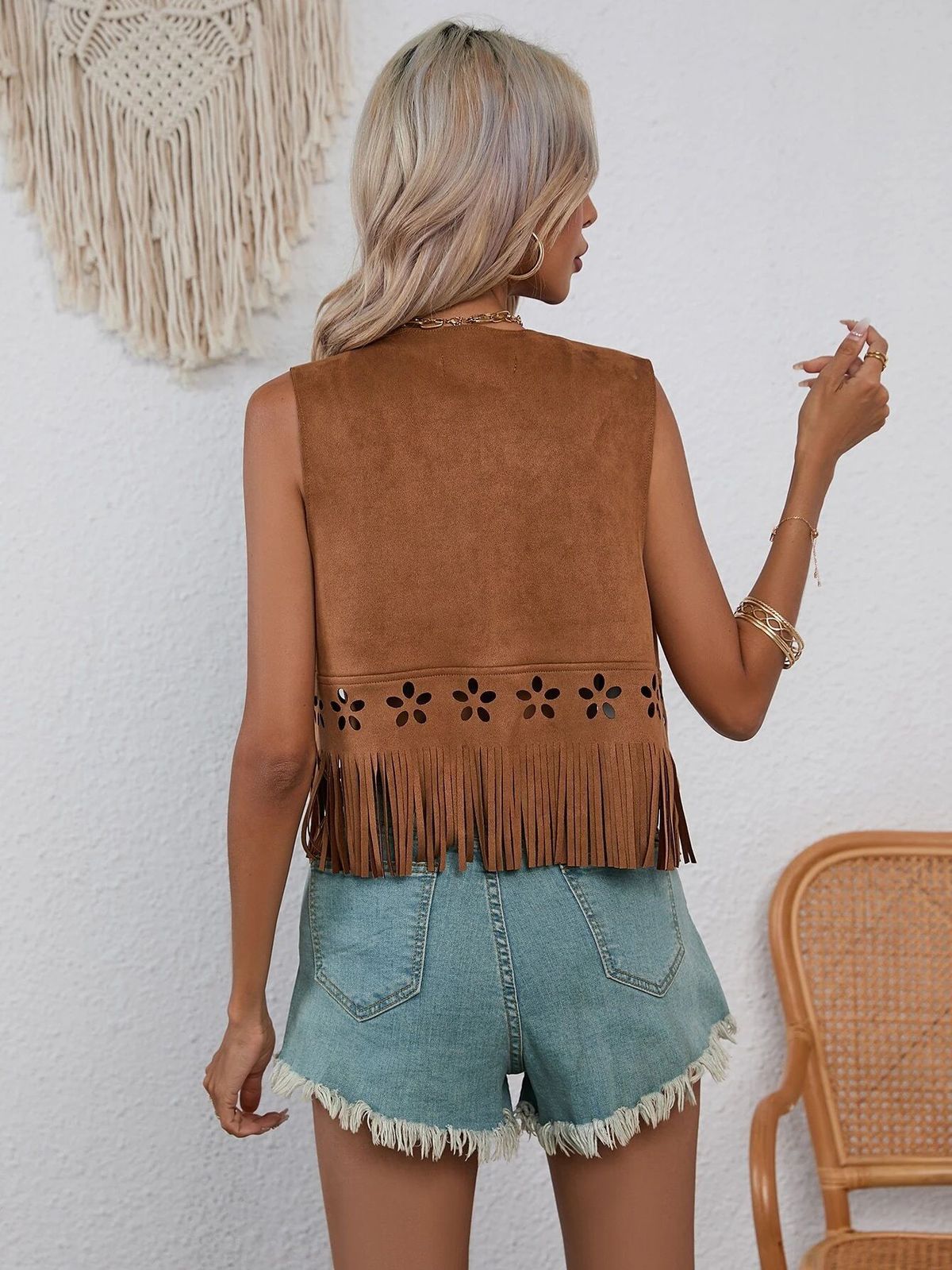 Women Fashion Retro Casual Tassel Hollow Vest