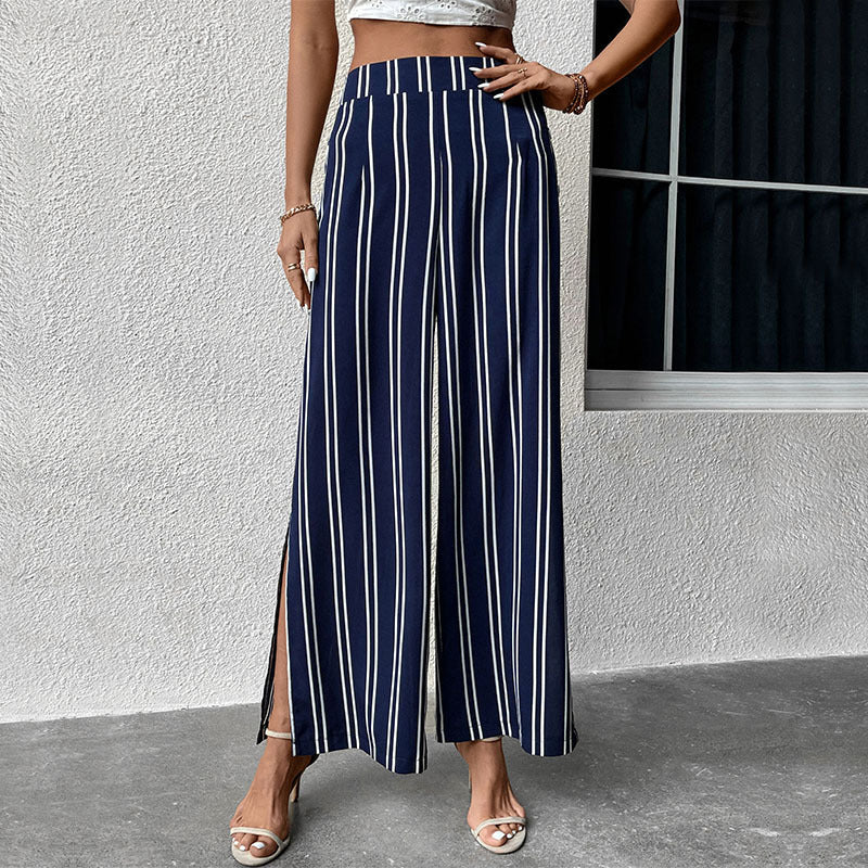 Summer Women Casual Simple Stripe High Waist Slit Wide Leg Pants