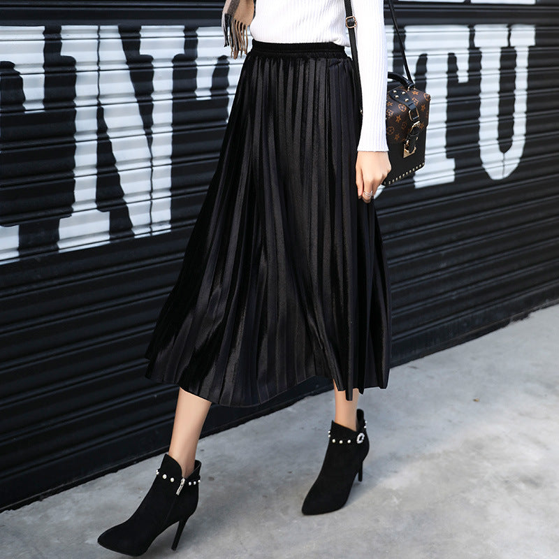 Women Solid Color Pleated High Waist Casual Long Skirt