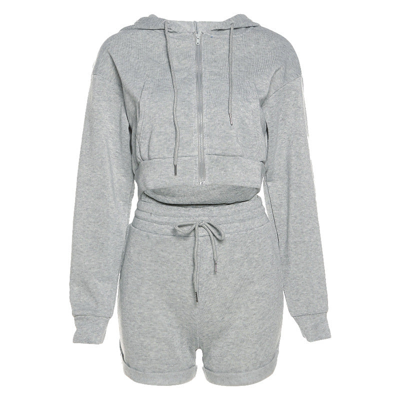 Women Fashion Casual Solid Color Long-Sleeve Hooded Drawstring Shorts Two-Piece Set