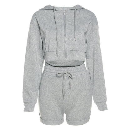 Women Fashion Casual Solid Color Long-Sleeve Hooded Drawstring Shorts Two-Piece Set