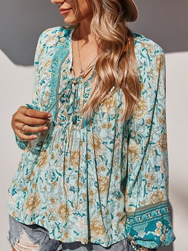 Camiseta informal de vacaciones con cuello en V y cordones para mujer