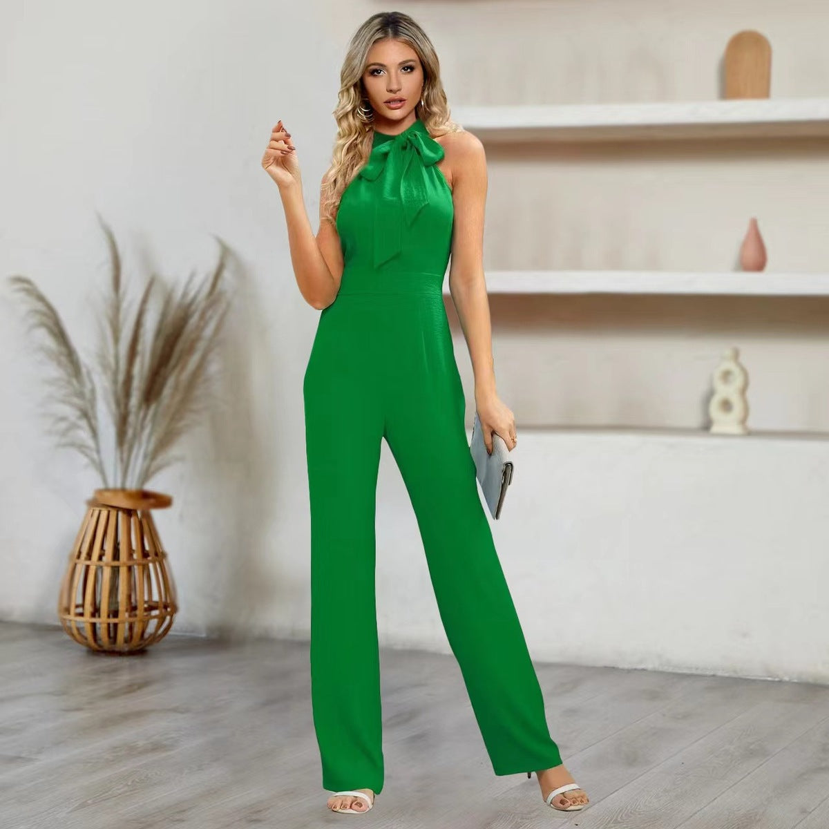 Summer Women Casual Solid Color Sleeveless Collar Bow Straight Jumpsuits