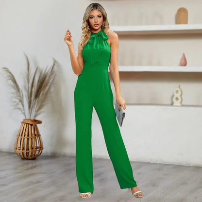 Summer Women Casual Solid Color Sleeveless Collar Bow Straight Jumpsuits