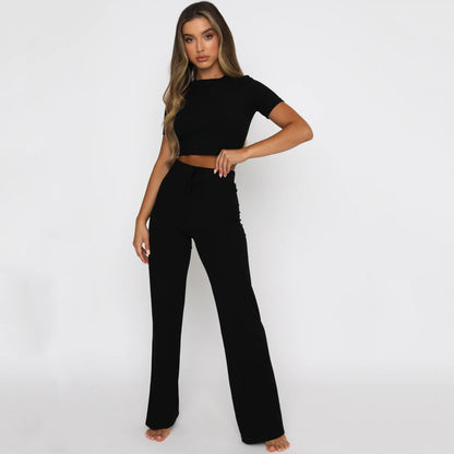 Conjunto de dos piezas de moda informal para mujer, color sólido, elástico, moldeador de cuerpo, manga corta, pantalones anchos
