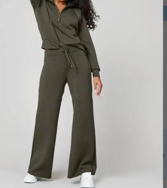 Conjunto de dos piezas formado por top y pantalón con cremallera, manga larga, color liso, informal, para mujer
