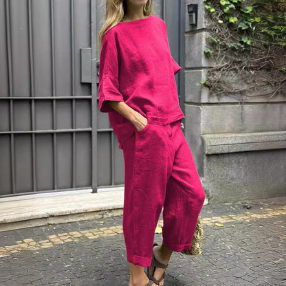 Conjunto de dos piezas de camisa y pantalón holgados de color liso para mujer