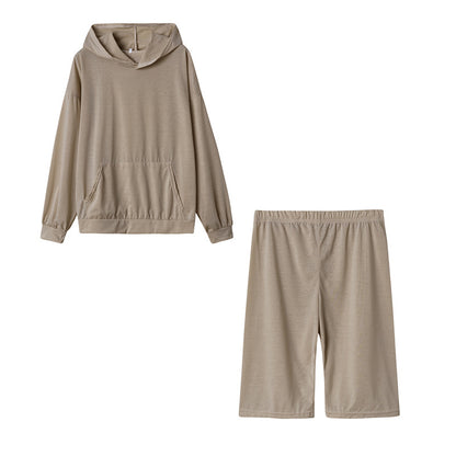 Conjunto deportivo de 2 piezas con capucha, manga larga, pantalones cortos y cintura definida, informal, de color liso, para mujer