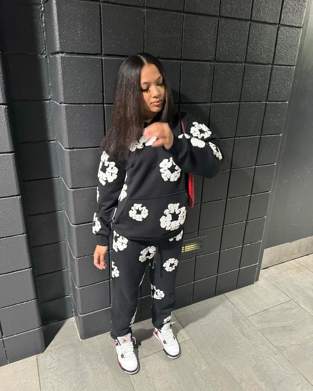 Women Fashion Casual Floral Printed Hooded Long-Sleeved Sweatshirt Pants Two-Piece Set