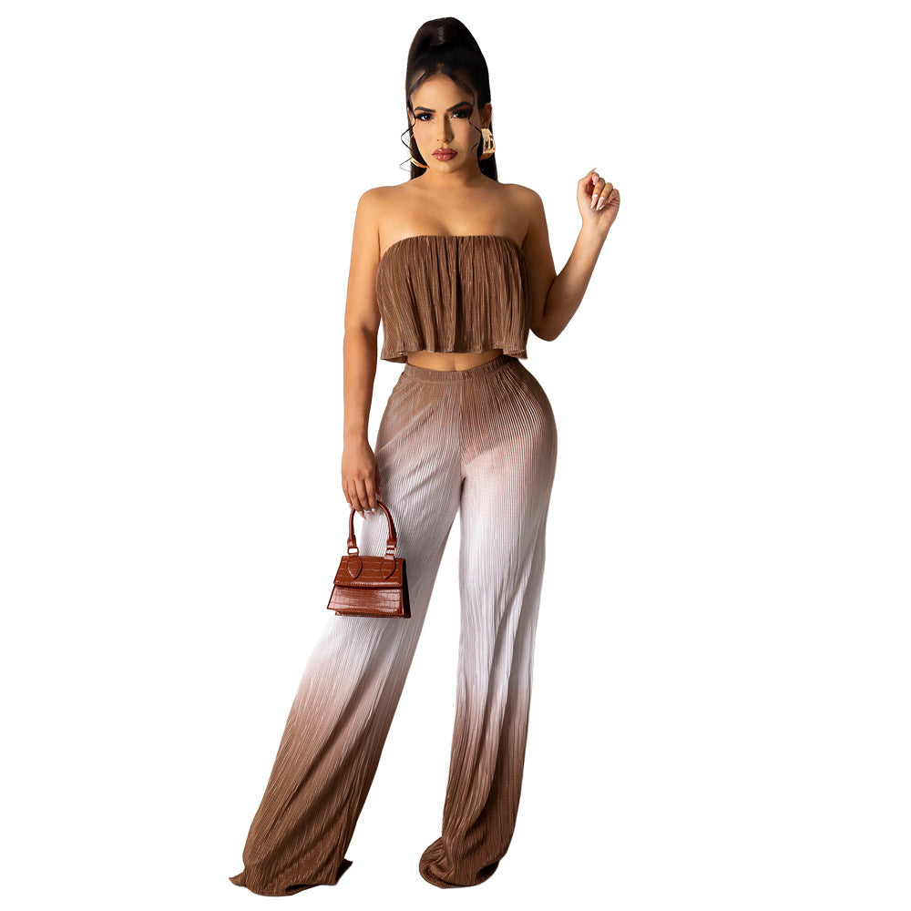 Conjunto de dos piezas de pantalón informal con parte superior plisada y degradado con hombros descubiertos para mujer