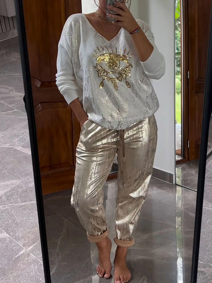 Conjunto de top y pantalón bronceador con efecto ojo malvado para mujer, informal, a la moda, brillante