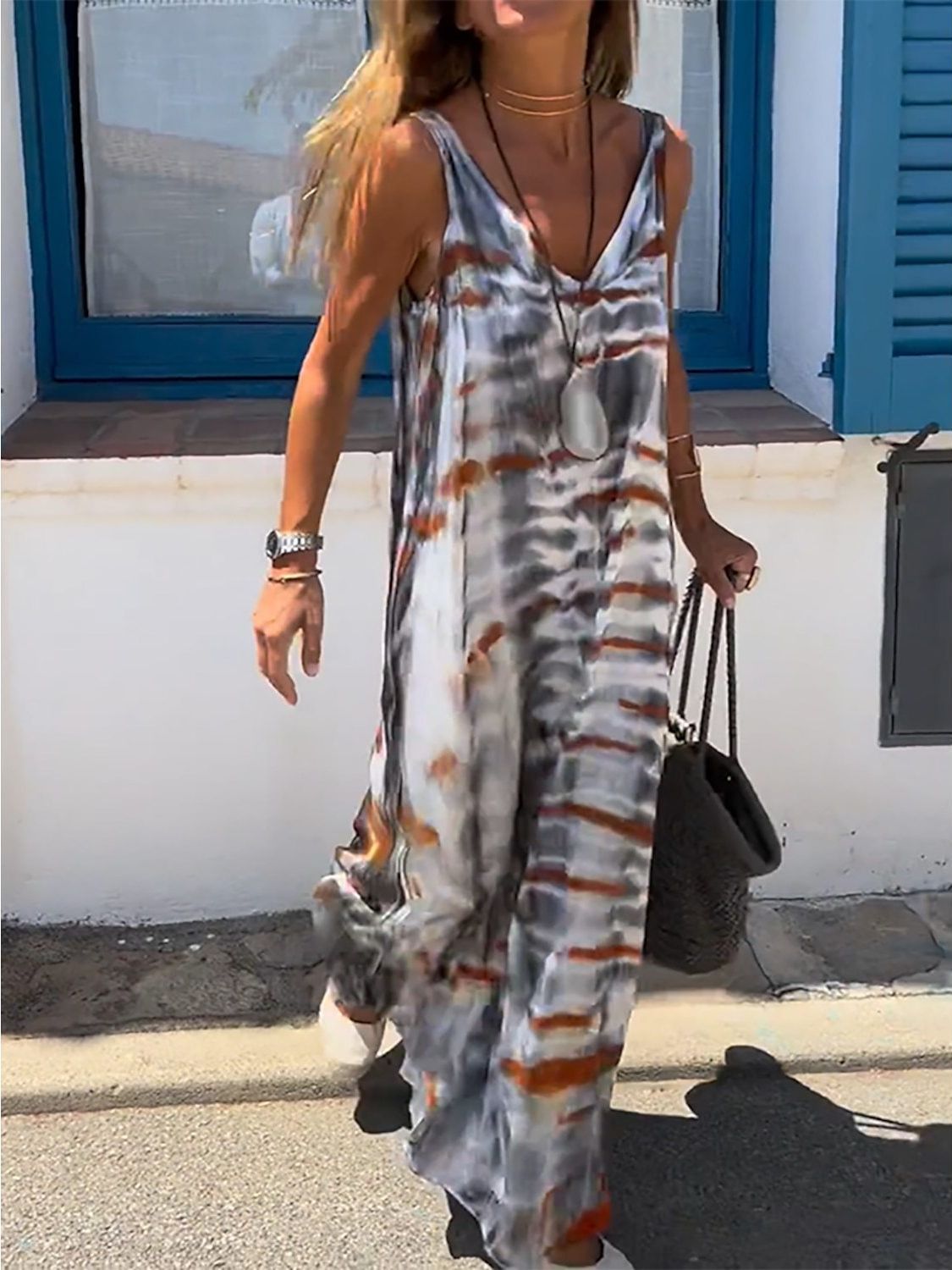 Summer Fashion Casual Women Tie Dye Print V Neck Sleeveless Maxi Dress