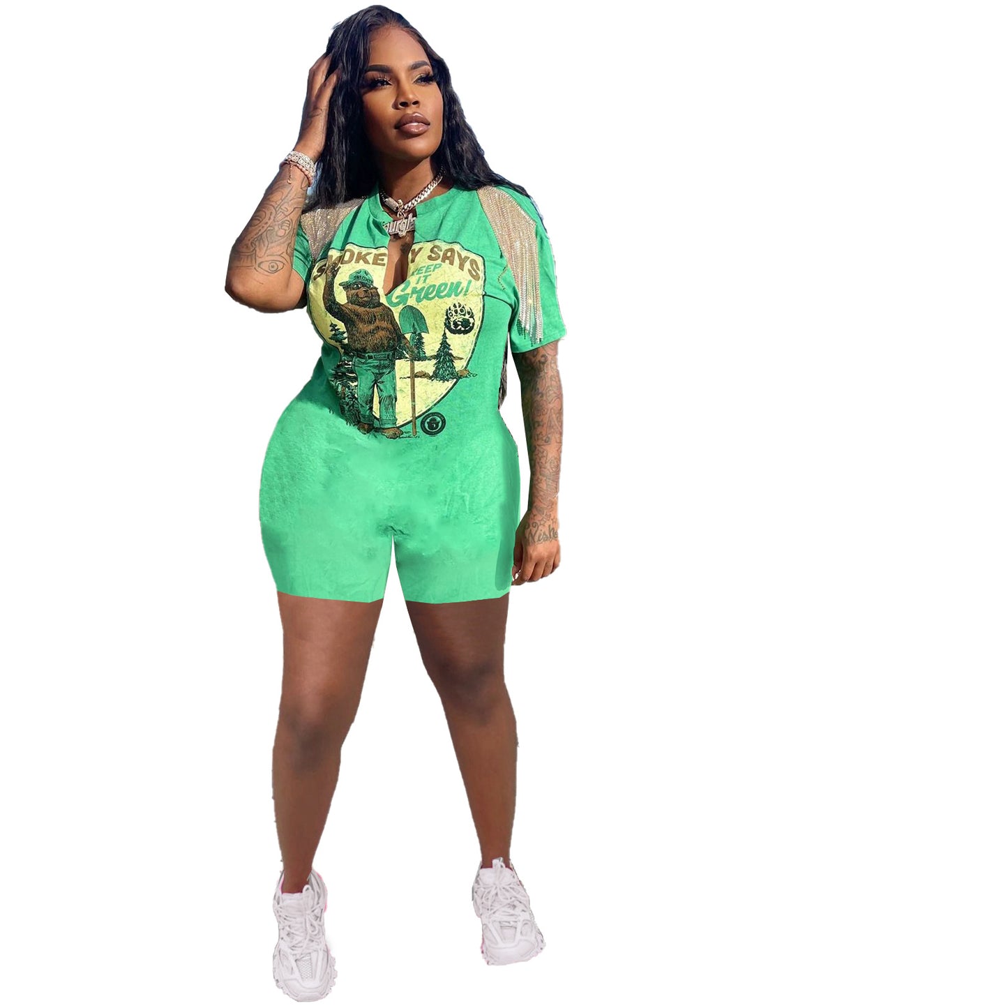 Women Summer Casual Hip-Hop Style Printed Tassel Short-Sleeved Rompers