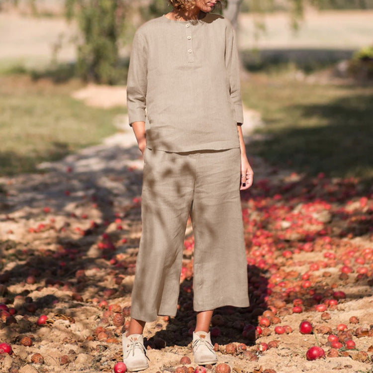 Conjunto de dos piezas con cuello redondo, botones y pantalones anchos de pierna ancha para mujer, talla grande