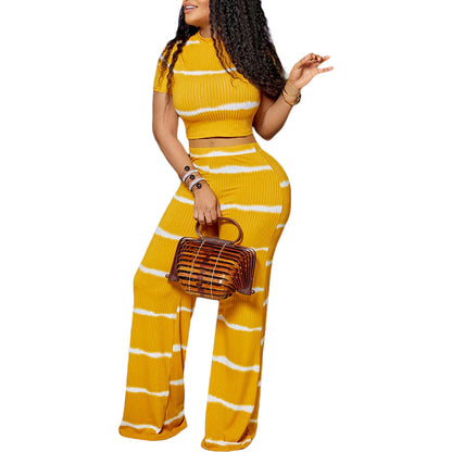 Conjunto de pantalón y top corto de manga corta con estampado de rayas para mujer