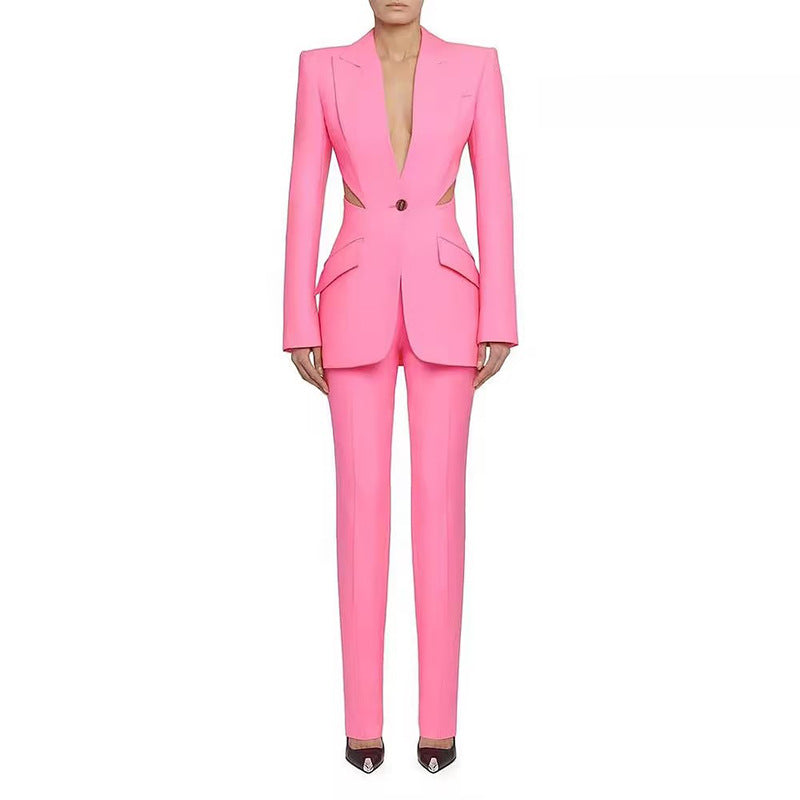 Conjunto de dos piezas de chaqueta y pantalón de manga larga con blazer y aberturas informales para mujer