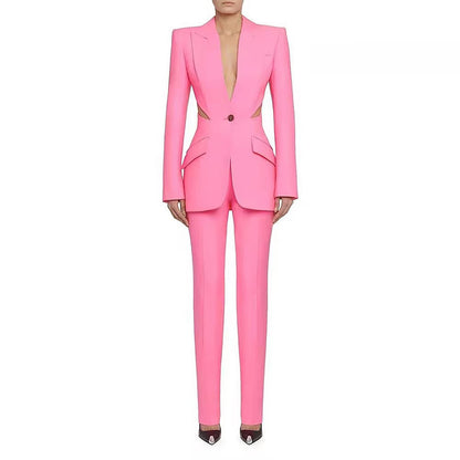 Conjunto de dos piezas de chaqueta y pantalón de manga larga con blazer y aberturas informales para mujer