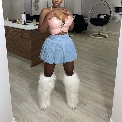 Women Fashion Casual Denim Pleated Skirt