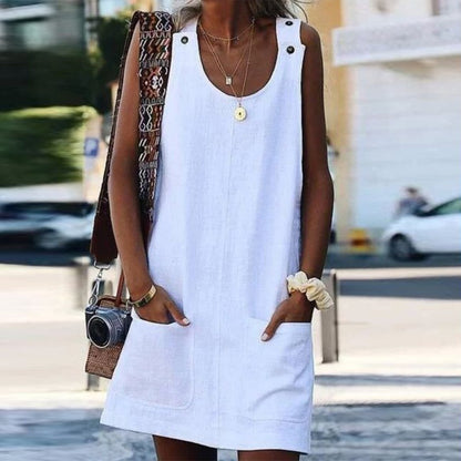 Summer Women Casual Solid Color Pocket Loose Dress