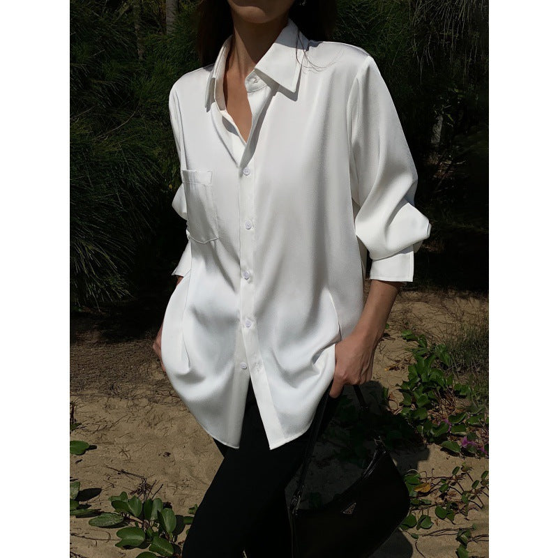 Blusa informal de manga larga con solapa de satén de color liso para mujer