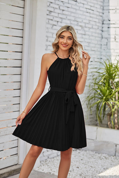 Women Casual Elegant Style Chiffon Halter Neck Lace-Up Sleeveless Pleated Dress