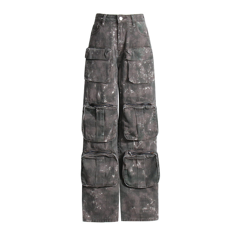 Women Fashion Casual Street Pocket Wide-Leg Camouflage Loose Overalls Washed Jeans Cargo Pants