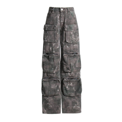 Women Fashion Casual Street Pocket Wide-Leg Camouflage Loose Overalls Washed Jeans Cargo Pants