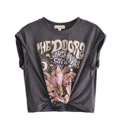 Camiseta corta con estampado floral y cuello redondo holgada informal de moda de verano para mujer