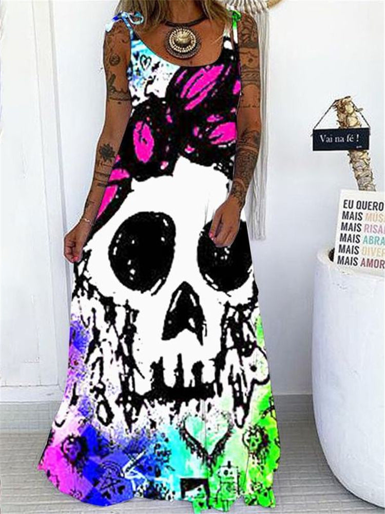 Casual Boho Stlye Women Halloween Skull Print Loose Maxi Dress